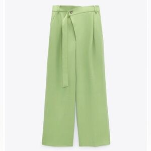 ZARA NWOT Pistachio Green Wide Leg Asymmetrical Belted Full Length Pants, Size L